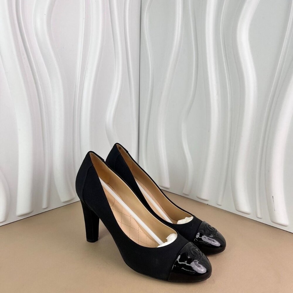 Chanel Black Suede & Patent Leather Cap Toe High Heels Size 38C With Original Bo